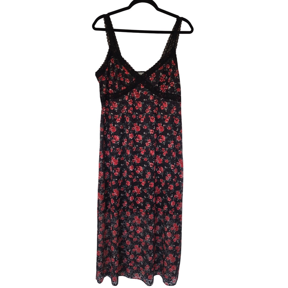 Babydoll Slip Dress Dark Floral Lace Trim Midi XL Y2K Whimsigoth Fairy Grunge